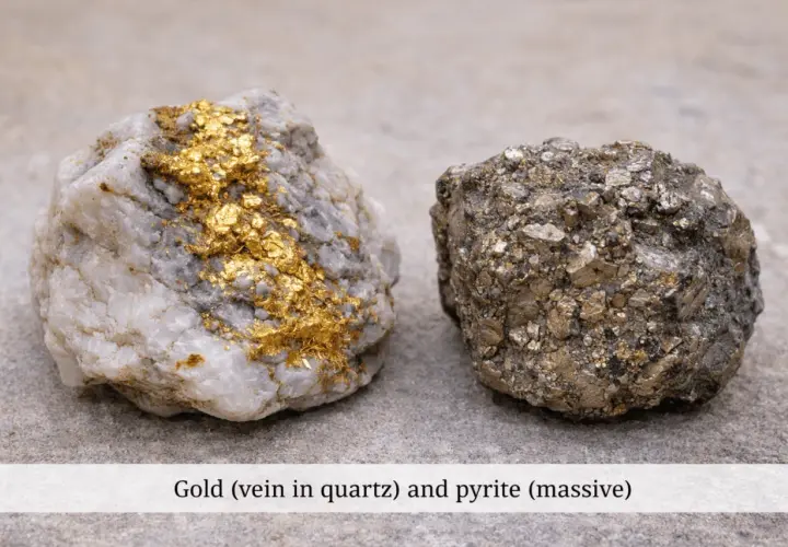 Zwei Gesteinsbrocken liegen nebeneinander. Einer zeigt glänzende Goldadern in weißem Quarz. Der andere ist ein dichter, metallisch schimmernder Pyrit, der oft als "Katzengold" bezeichnet wird, weil er so täuschend echt aussieht.