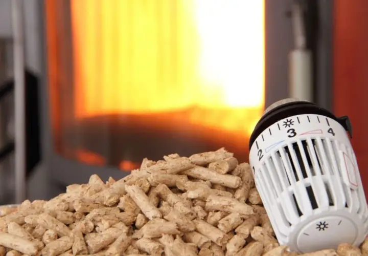 Holzpellets vor einem Kaminfeuer, daneben ein Thermostat zur CO2-Steuer.