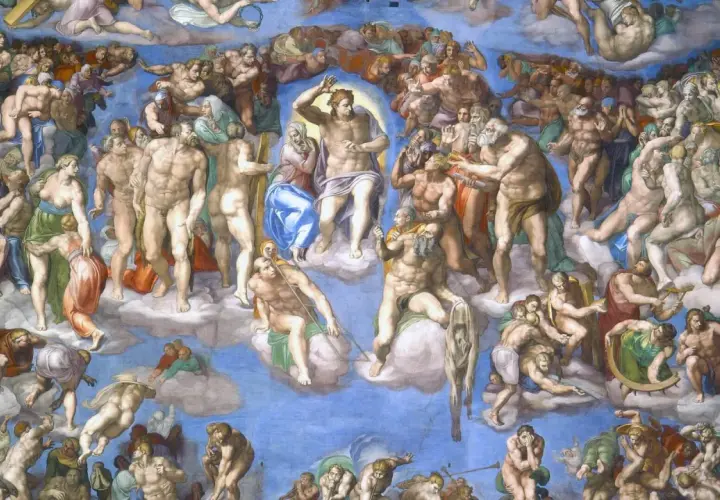 Die Sixtinische Kapelle, ein Meisterwerk, das an Leonardo da Vinci erinnert, zeigt eine Himmelsvision mit vielen Figuren.