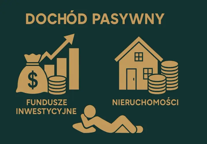 Grafika przedstawia sposoby na przychód pasywny: fundusze inwestycyjne i nieruchomości. W tle leżąca postać symbolizuje relaks.