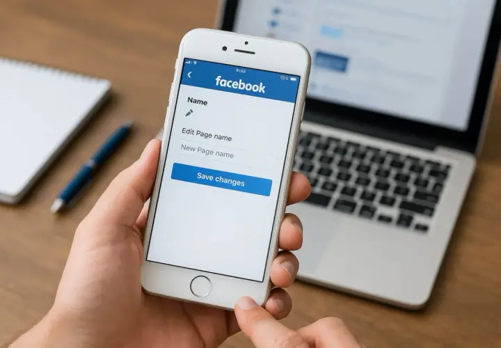 Telefon pokazuje ekran edycji nazwy strony na Facebooku. Dowiedz się, jak zmienić nazwę strony na FB, wpisując nową i zapisując zmiany.
