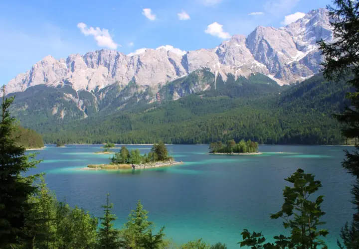 Turquoise lake with islands dotted with trees, framed by a dense green forest and majestic, snow-capped mountains. A quintessential view of the Bavarian countryside.