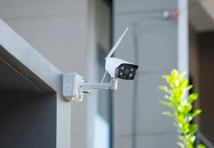 Caméra de surveillance blanche fixée sur un mur extérieur. Une question se pose : peut-on mettre une caméra de surveillance chez soi ?