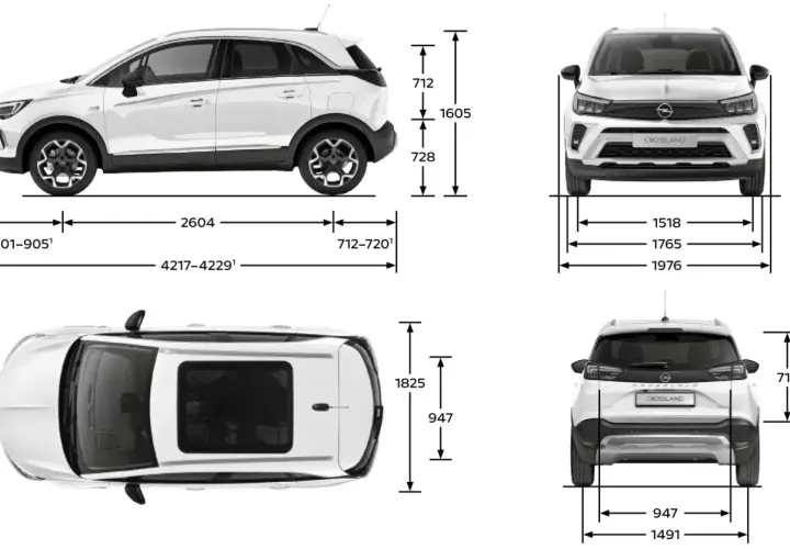 Opel Crossland wymiary: długość 4217-4229 mm, szerokość 1765 mm, wysokość 1605 mm. Rozstaw osi 2604 mm.