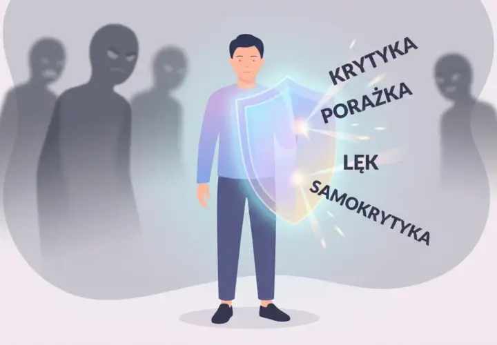 Mężczyzna z tarczą chroni się przed cieniami symbolizującymi krytykę, porażkę, lęk i samokrytykę. Brak cierpliwości w walce z nimi.