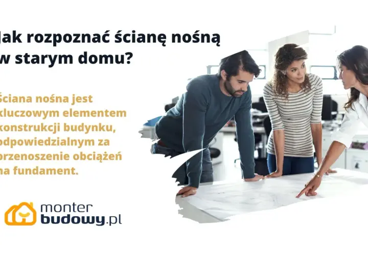 Jak rozpoznać ścianę nośną w starym domu? Trzy osoby analizują plany, by zrozumieć kluczowe elementy konstrukcji.