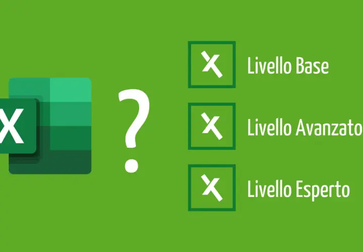 Logo Excel con punto interrogativo e opzioni: Base, Avanzato, Esperto. Test Excel avanzato con soluzioni.