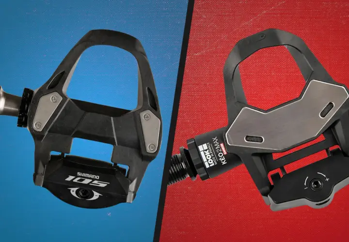 Comparing LOOK vs Shimano pedals: A close-up of a black Shimano 105 pedal on the left and a black LOOK KEO 2 MAX pedal on the right.