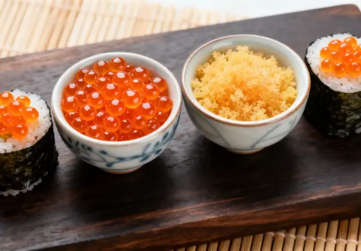 Dwa sushi rolki z ikrą łososia i miseczki z ikrą łososia (tobiko) i ikrą ryb latających.