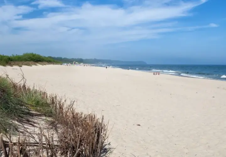 Piękna, piaszczysta plaża w Władysławowie, z zielenią wydm i błękitnym morzem. Idealne miejsce na wypoczynek.