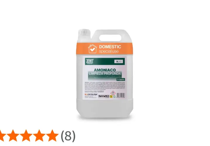 Envase de 5L de amoniaco para limpieza profunda. Este producto, que es soluble en agua, es ideal para múltiples superficies.