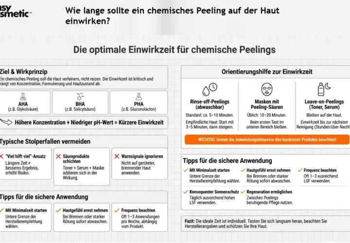Chemische Peelings: Einwirkzeit richtet sich nach Konzentration, Formulierung & Haut. AHA, BHA, PHA sind gängig. Wichtig: Herstellerangaben beachten!