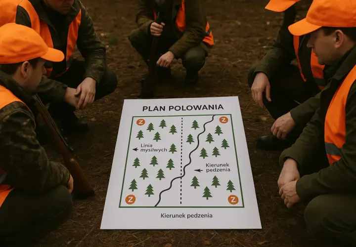 Myśliwi omawiają plan polowania, gdzie mogą polować. Mapa pokazuje teren z drzewami i kierunek pędzenia.