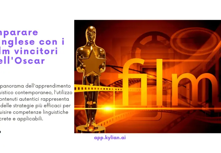 Statua dorata dell'Oscar con pellicola cinematografica e la parola "film". Impara l'inglese con film in inglese con sottotitoli in italiano.