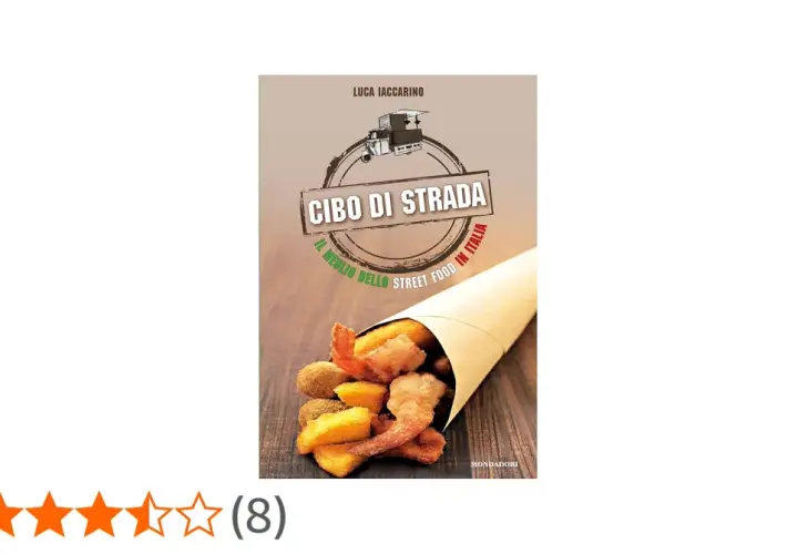 Copertina libro "Cibo di Strada" di Luca Iaccarino, con un cono di fritto misto e un furgoncino per lo street food.