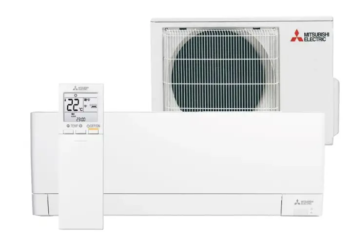 Klimatyzacja 2.5 kW Mitsubishi Electric, idealna na ok. 25-35 m². Biała jednostka wewnętrzna i zewnętrzna z pilotem.