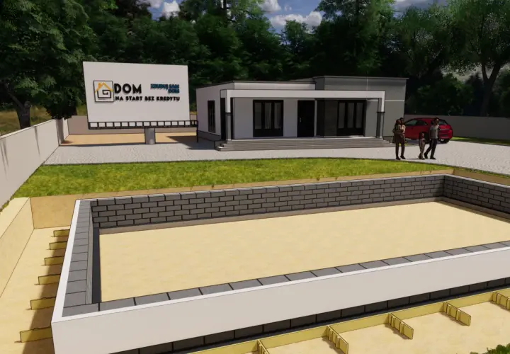Wykop pod fundament nowoczesnego domu. W tle rodzina ogląda billboard "DOM NA START BEZ KREDYTU".