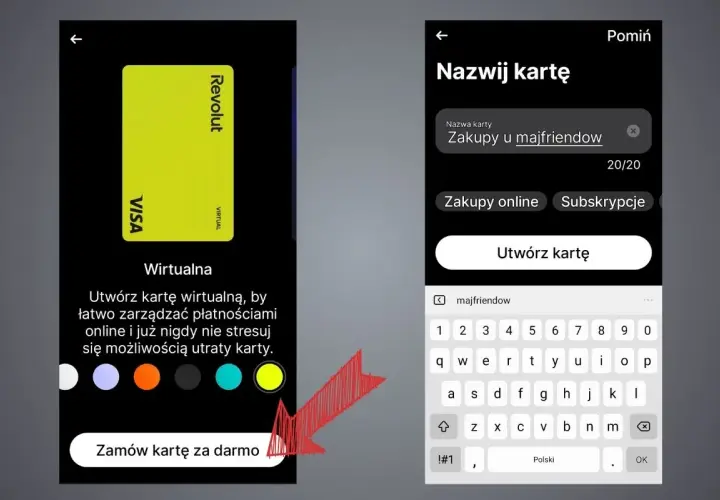 Tworzenie wirtualnej karty Revolut do zakupów online. Nazwa karty "Zakupy u majfriendow" ułatwi księgowanie.