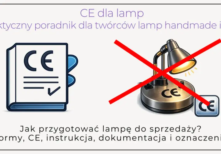 Poradnik o certyfikacji CE dla lamp. Ilustracja pokazuje książkę z symbolem CE i lampę z przekreśleniem, sugerując prawidłowe podłączenie żarówki i zgodność z normami.