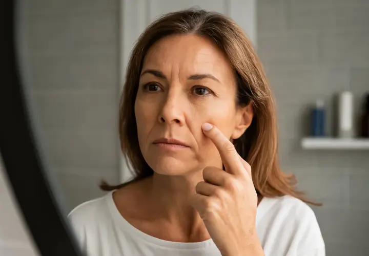 Mujer se toca la línea nasogeniana en el espejo, notando los signos del tiempo en su rostro.