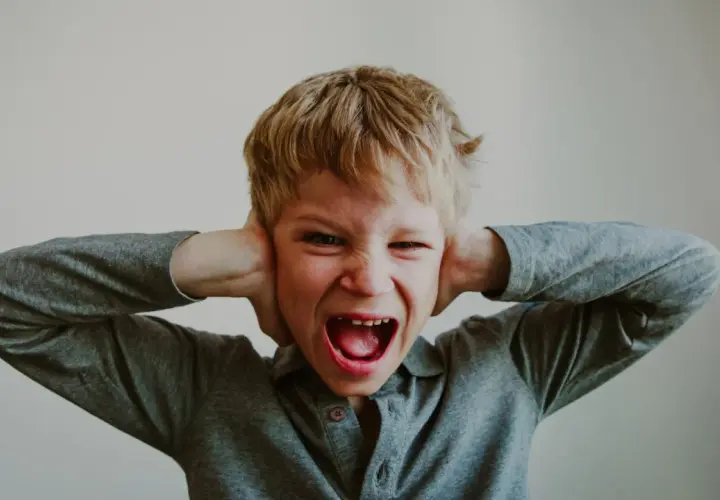 Bambino con le mani sulle orecchie, urla con espressione di rabbia, possibile manifestazione di disturbi del comportamento.
