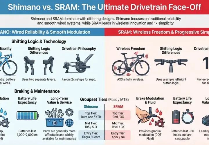 Shimano vs. SRAM: Wired reliability vs. wireless freedom. Infographic compares drivetrain features, logic, and tiers.