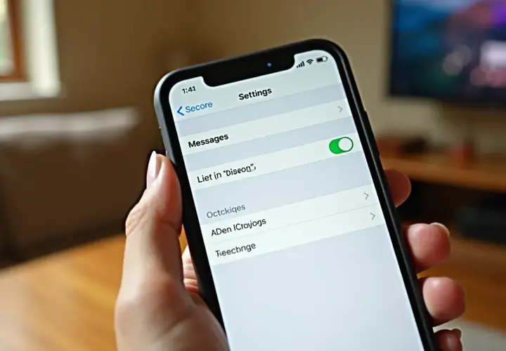 Na ekranie iPhone'a widać ustawienia, gdzie zielony przełącznik przy "Messages" oznacza, że iMessage jest włączony.