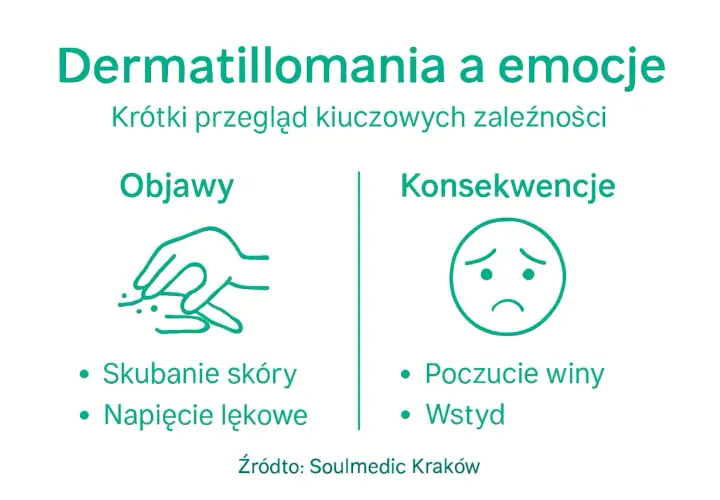 Dermatillomania: objawy to skubanie skóry i napięcie lękowe, a konsekwencje to poczucie winy i wstyd.