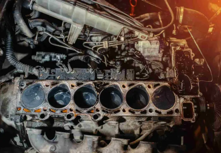 Motor de coche desarmado, mostrando los cilindros y la junta de culata. Una imagen útil para saber si un coche tiene culata dañada.