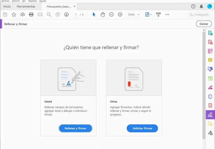 Interfaz de Adobe Acrobat Reader DC para rellenar y firmar documentos. Opción de "adobe firma digital gratis" para usted o para solicitar a otros.