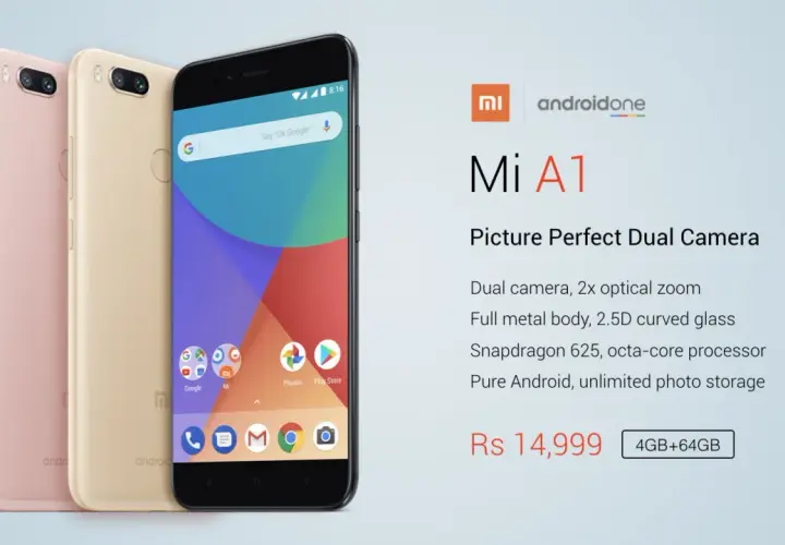 Trzy telefony Xiaomi Mi A1 w kolorach różowym, złotym i czarnym. Czarny model prezentuje ekran z ikonami.