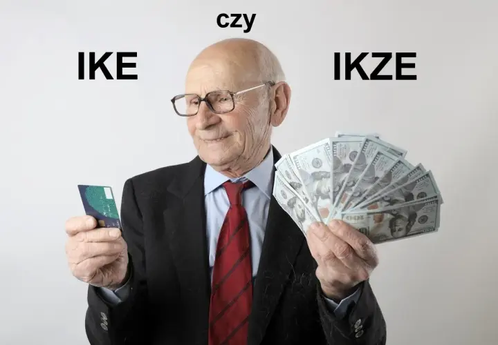 Starszy pan z kartą i plikiem banknotów, zastanawia się: IKE czy IKZE?