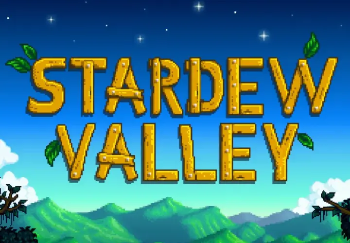 Napis "STARDEW VALLEY" zrobiony z drewnianych desek, ozdobiony listkami. Tło to nocne niebo z gwiazdami i krajobrazem górskim. Idealny do spolszczenia Stardew Valley.