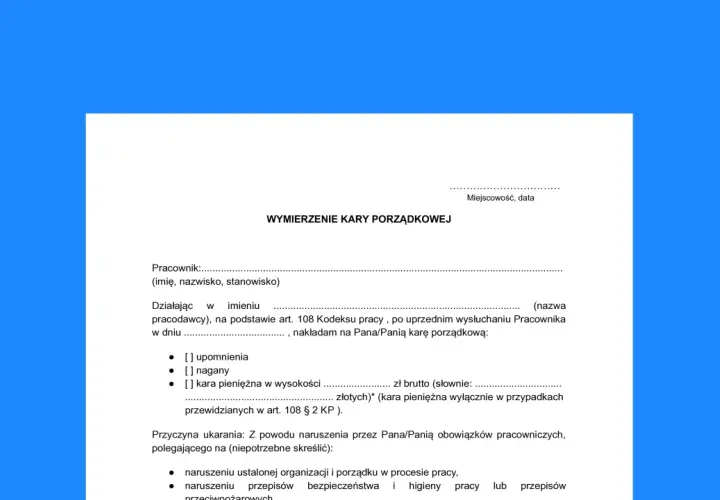 Dokument "Wymierzenie kary porządkowej" zawiera opcje: upomnienie, nagany, kara pieniężna. Opisuje naruszenie obowiązków pracowniczych.