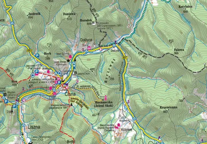 Mapa turystyczna z zaznaczonymi szlakami, miejscowościami (Cisna, Majdan, Horb) i atrakcjami. Gdzie są Bieszczady? Właśnie tutaj, na tej malowniczej mapie!