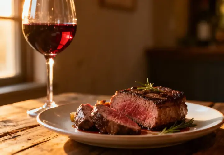 Une succulente entrecôte saignante, garnie de romarin, accompagnée d'un verre de vin rouge, le tout baignant dans la lumière du soleil.