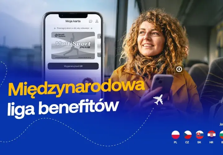 Kobieta z telefonem w ręku, na ekranie karta MultiSport. Tło z flagami krajów.
