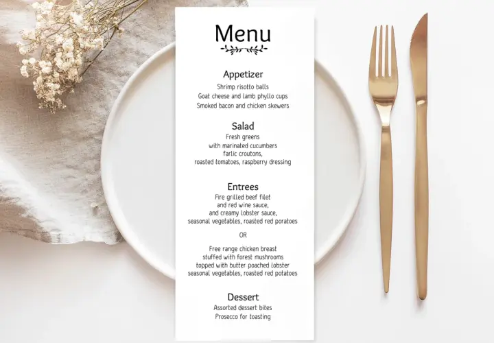 Un menu élégant présente des plats comme des risottos aux crevettes et un filet de bœuf grillé. Parfait pour rédiger un menu de mariage.