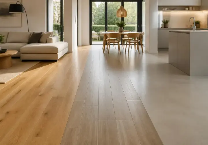 Un elegante soggiorno con divano e tavolo da pranzo si apre su una cucina moderna. L'effetto pavimento crea una transizione fluida tra le aree, con doghe in legno chiaro e un rivestimento in resina chiara.