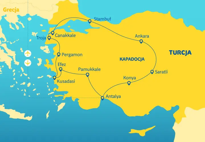 Mapa turystyczna Turcji z zaznaczonymi miastami: Stambuł, Ankara, Kapadocja, Saratli, Konya, Antalya, Pamukkale, Efez, Pergamon, Canakkale, Troja.