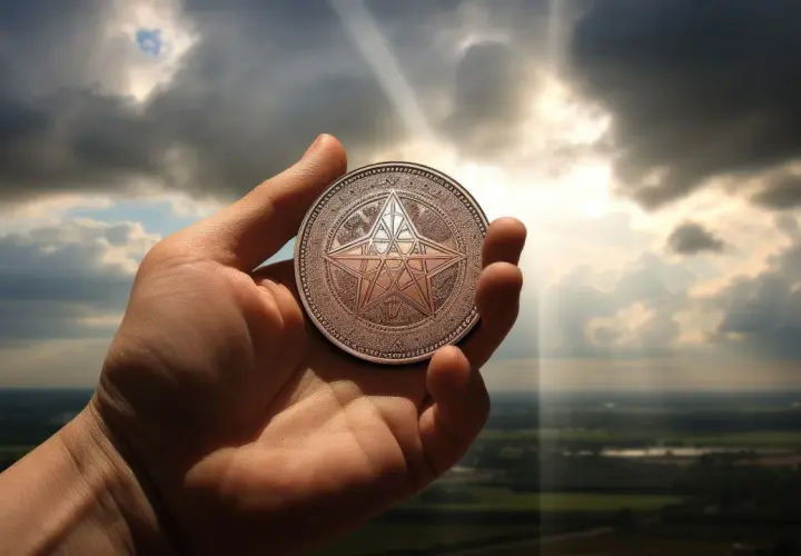 Dłoń trzyma monetę z symbolem gwiazdy, jak w talii **Monet Tarot**, na tle burzowego nieba.