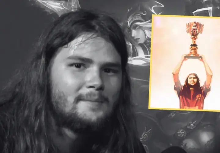 Maciej "Shushei" Ratuszniak, gracz League of Legends, z pucharem mistrzowskim.