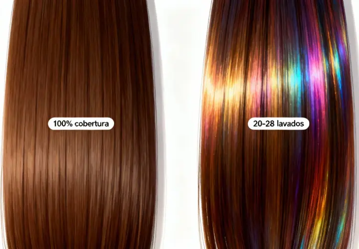 Cabello castaño con tinte de cobertura total (izquierda) vs. cabello con baño de color y reflejos iridiscentes que duran 20-28 lavados (derecha).