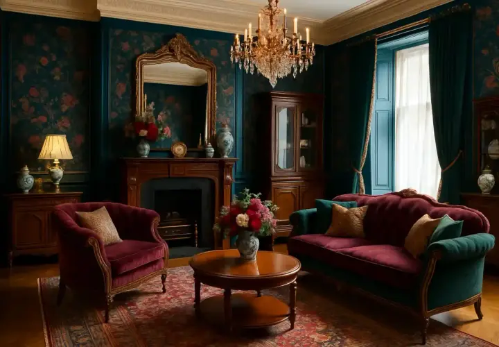 Elegancki salon w stylu wiktoriańskim: aksamitne fotele, kominek, kryształowy żyrandol i bogato zdobiona tapeta tworzą atmosferę luksusu.