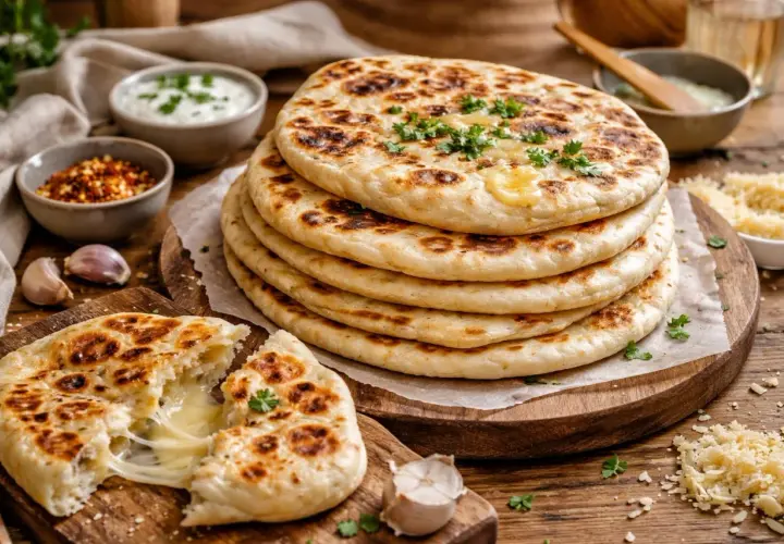 Délicieux naan nature à la poêle, un fromage fondant s'échappe d'un pain ouvert. Accompagné de sauce, d'épices et d'ail.