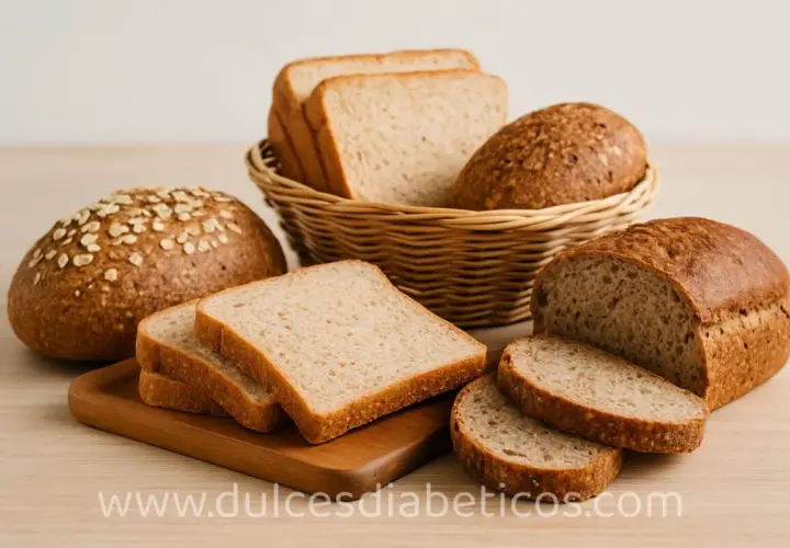 Variedad de panes integrales, incluyendo pan de salvado, hogazas y rebanadas, presentados en una tabla de madera y una cesta.