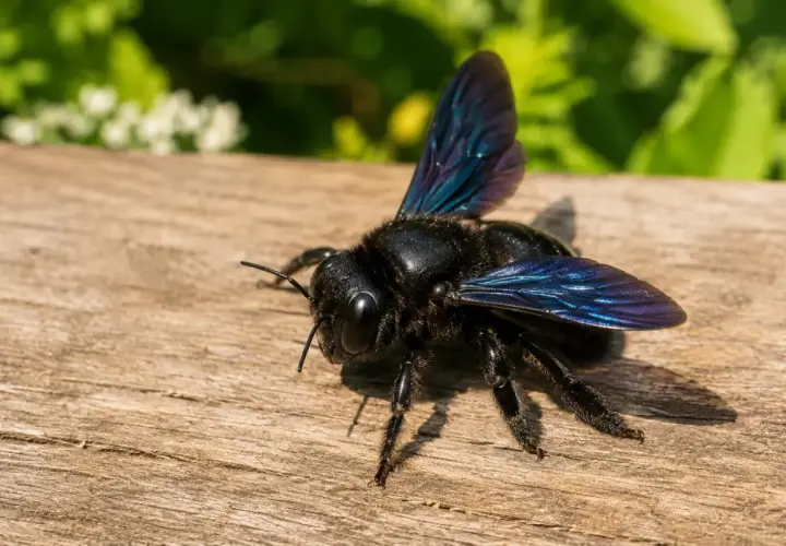Eine große, schwarze Holzwespe mit schillernden blauen Flügeln sitzt auf einem Holzbrett.