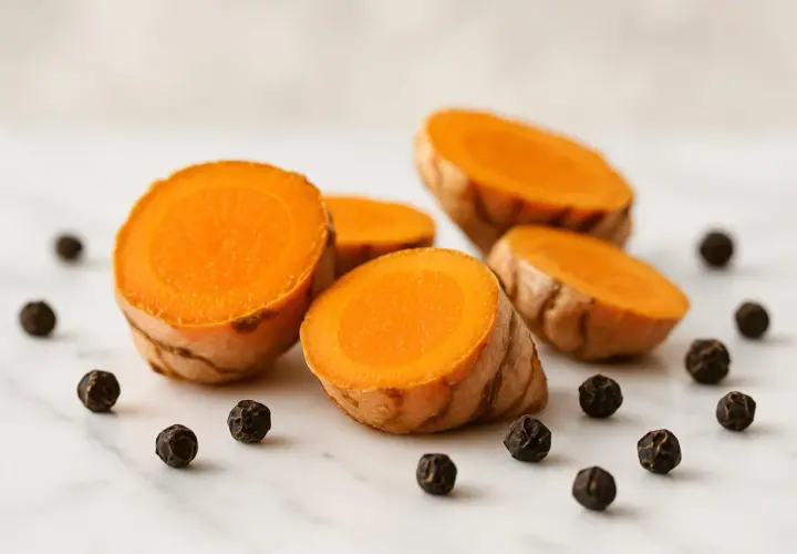 Fette di curcuma fresca e grani di pepe nero, ingredienti perfetti per un infuso con miele e zenzero.