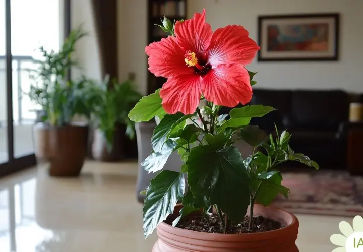 Un magnifique hibiscus rouge en pot, prêt pour son arrosage. D'autres plantes vertes et un salon flou en arrière-plan.