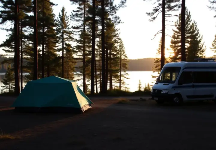 En grön kupoltält och en vit husbil står parkerade vid en sjö i en tallskog. Solen går ner bakom träden.